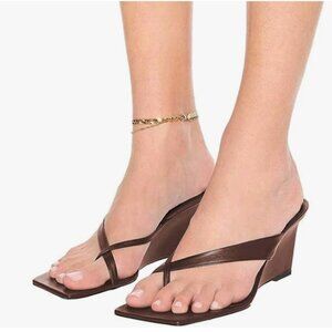 FSJ Brown Flip Flop Slide Mule Shoes Square Open Toe Thong Summer Wedge Sandal